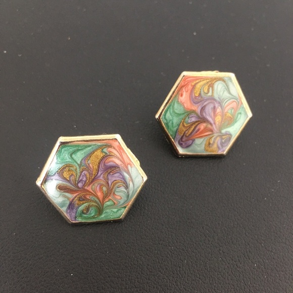 Vintage Hexagon Enamel Marble Post Earrings Pink Green Blue Purple Pastel Retro - Picture 7 of 7
